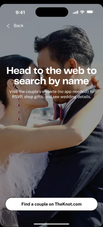 Guest hand-off screen reading &ldquo;Head to the web to search by name,&rdquo; directing guests to find a couple on TheKnot.com without creating an account.